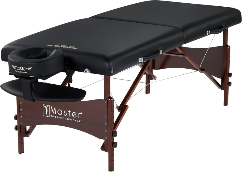 Master Massage Newport Portable Massage Table 76cm Package with 6.3cm Cushion, Walnut Hardwood Frame and Steel Support Cables, Pillows & Accessories (Black)