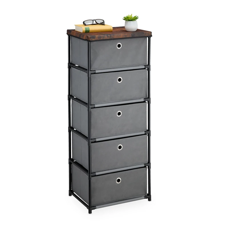 Relaxdays Dresser Storage Unit, 5 Fabric Drawers, Metal, Wood Effect, 105x43x33 cm, Side Table, Organiser, Grey/Brown, Steel