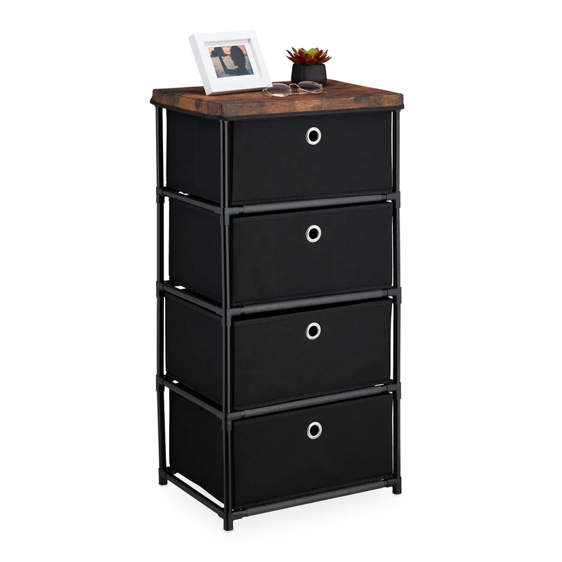 Relaxdays Dresser Storage Unit, 4 Fabric Drawers, Metal, Wood Effect, 85x43x33 cm, Side Table, Organiser, Black/Brown, Steel