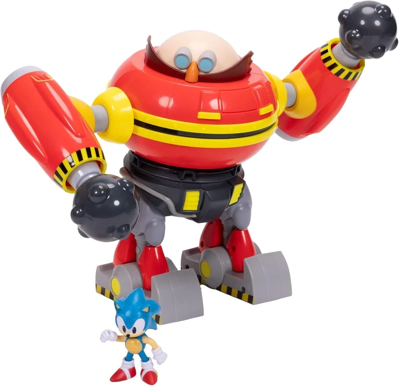 Sonic The Hedgehog Giant Eggman Robot Battle Set Officially Licensed by Jakks Pacific, 9" / 22.9 cm Tall Play Set, Cannon Shooting Egg Man Robot with Sonic Figure Included, For Boys