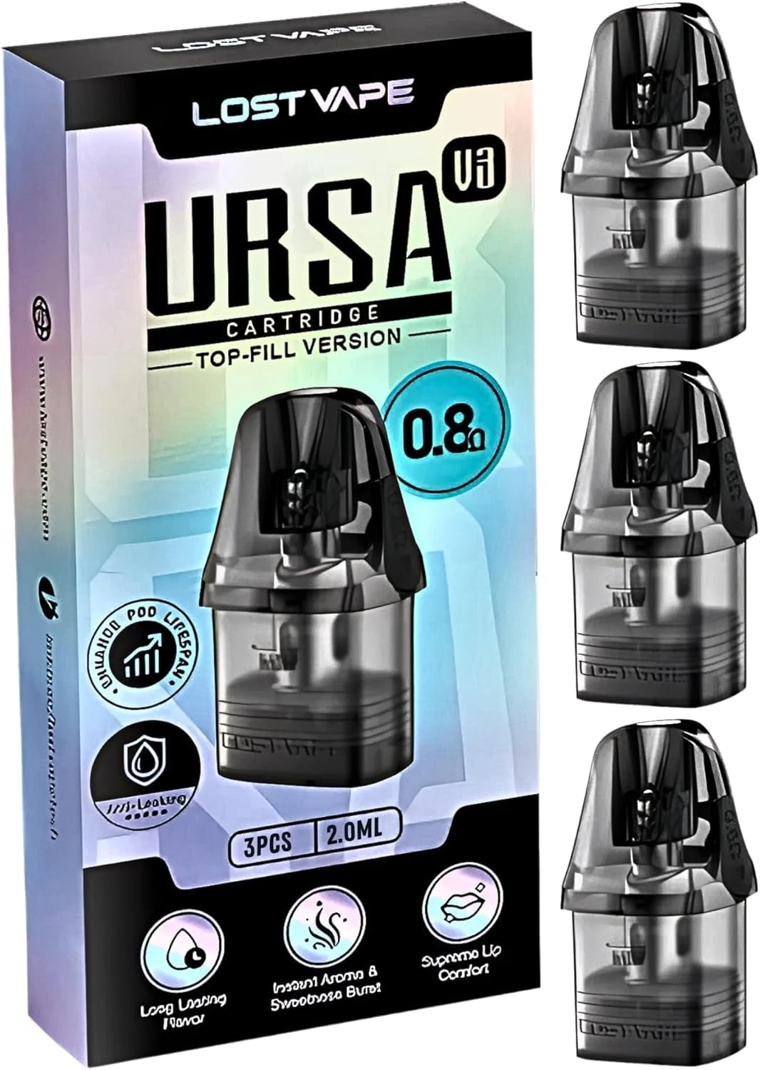 Lost Vape Ursa V3 Replacement Pod / 0.8Ohm / 2ml / 3PK / Top-Fill, MTL Vaping, Leak-Proof Design, No Nicotine