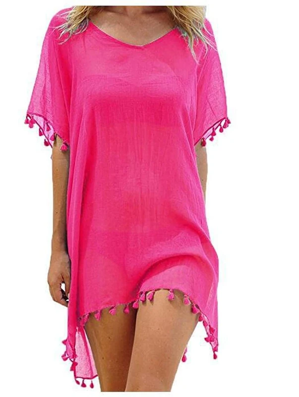 LYSINK Womens Swimsuit Cover Up Dress Solid Color Cutout Crochet Bikini Beachwear V Nack Short Sleeve Swimwear Coverups Dress (Bb Pink, One Size)