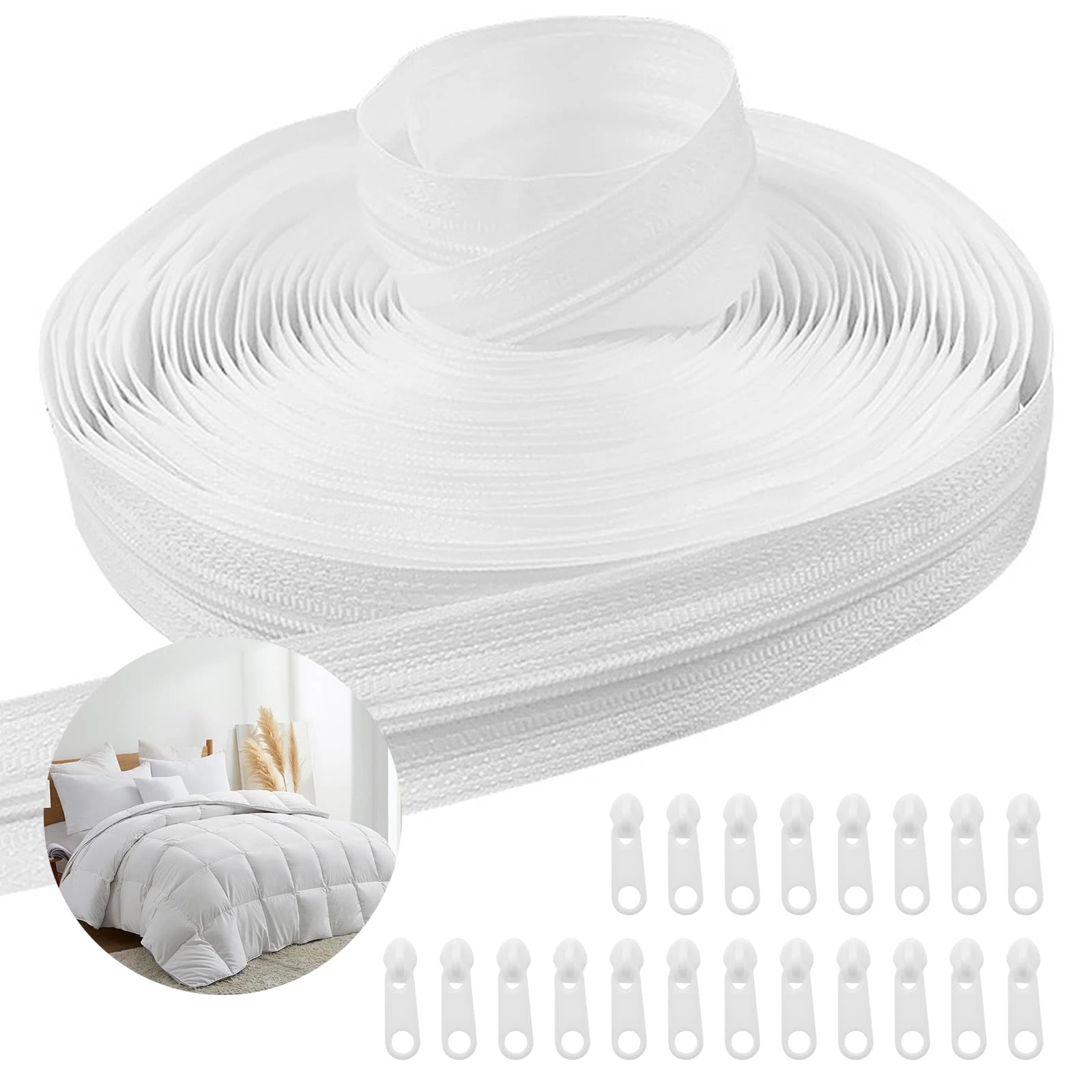 Zipper for Sewing 20 Yards Heavy Duty Continuous Zip with 20 Pcs Slider Nylon Replacement for DIY Bags Crafts Purses (Weiß)