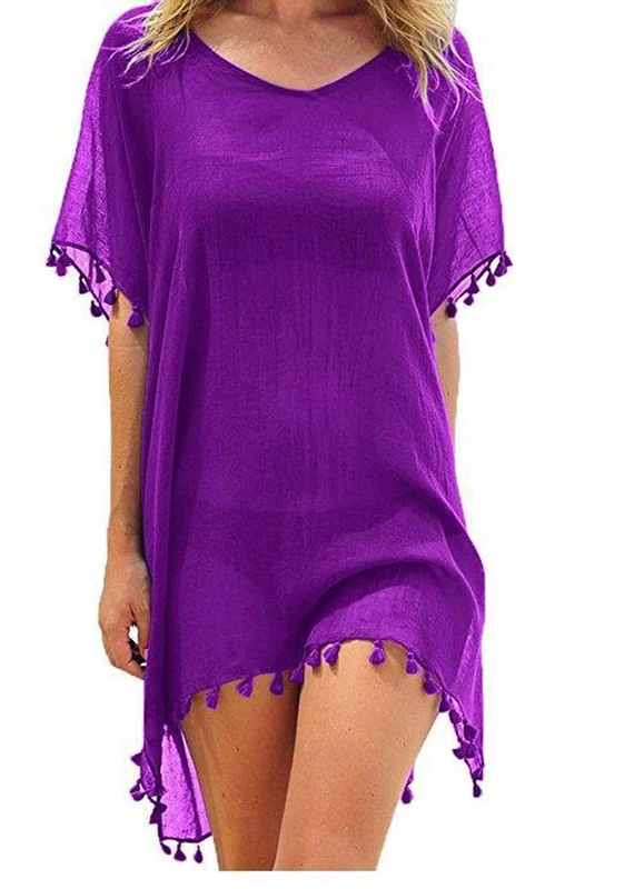 LYSINK Womens Swimsuit Cover Up Dress Solid Color Cutout Crochet Bikini Beachwear V Nack Short Sleeve Swimwear Coverups Dress (Bb Purple, One Size)