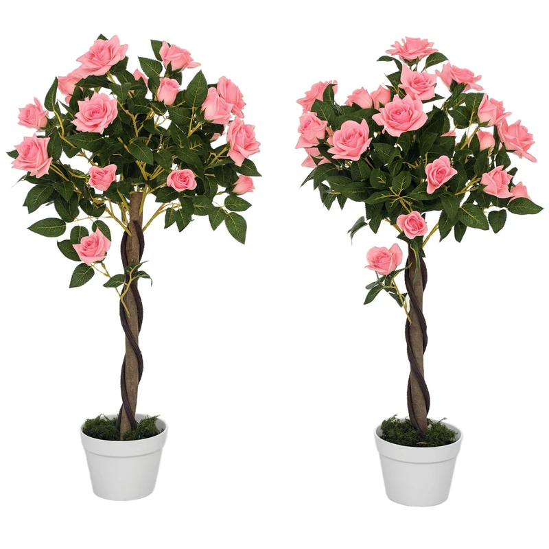 Outsunny Set of 2 90cm/3FT Artificial Rose Tree, Fake Decorative Plant with Pot, UV-Resistant Faux Tree for Outdoor Indoor Home Office Decor, Pink