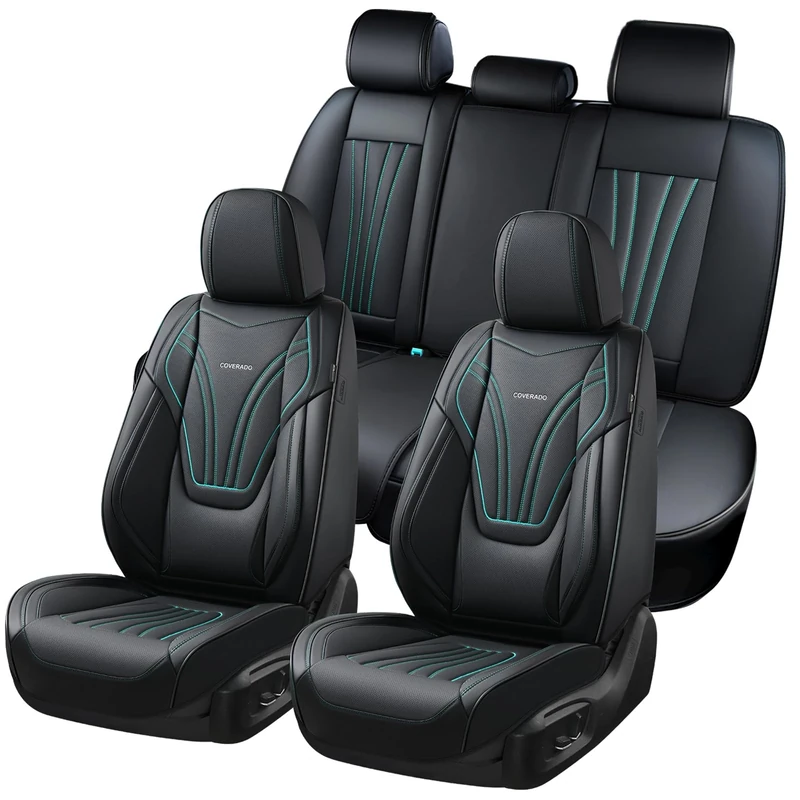 Coverado Car Seat Covers Full Set, 5 Piece Car Seat Protector with Lumbar Support & Removable Headrest, Breathable Leather Front Rear Seat Cushion Universal Fit for Truck Automotive Black & Blue