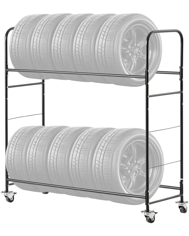 VEVOR Rolling Tire Storage Rack, 2-Shelf Tire Holder and Transport Trailer for Garage, Heavy-Duty Steel Tire Storage Cart with Wheel, Adjustable Height & Protective Cover, Hold up to 12 Standard Tires