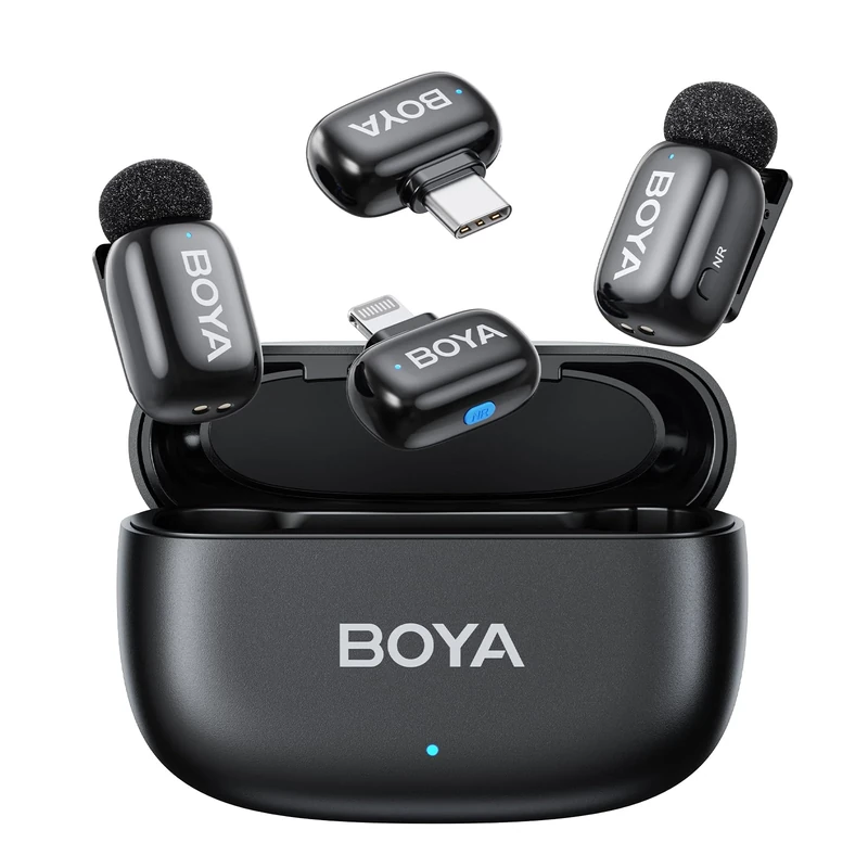BOYA mini Microphone Wireless for iPhone, Andriod, 5g Ultralight, Wireless Lavalier Microphone, AI Voice Changer, AI Noise Reduction, Lapel Phone Mic, 30h Use, Clip on Mic with USB-C/Lightning