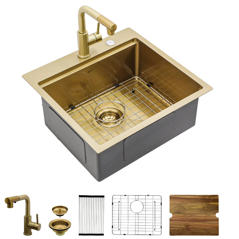 Couoko Gold Bar Sink with Faucet Drop in Bar Sinks 18 Inch Stainless Steel Indoor Outdoor Kitchen Workstation16 Gauge Single Bowl Small Sinks with Pull-Out Faucet 18"x18"x9"