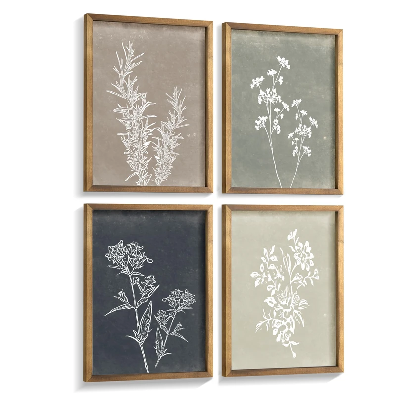 Liswit Framed Boho Wall Art Set of 4 for Wooded Minimalist Botanical Print Wall Art for Rustic Vintage Farmhouse Home Kitchen Wall Decor (Brown, 16"x20")