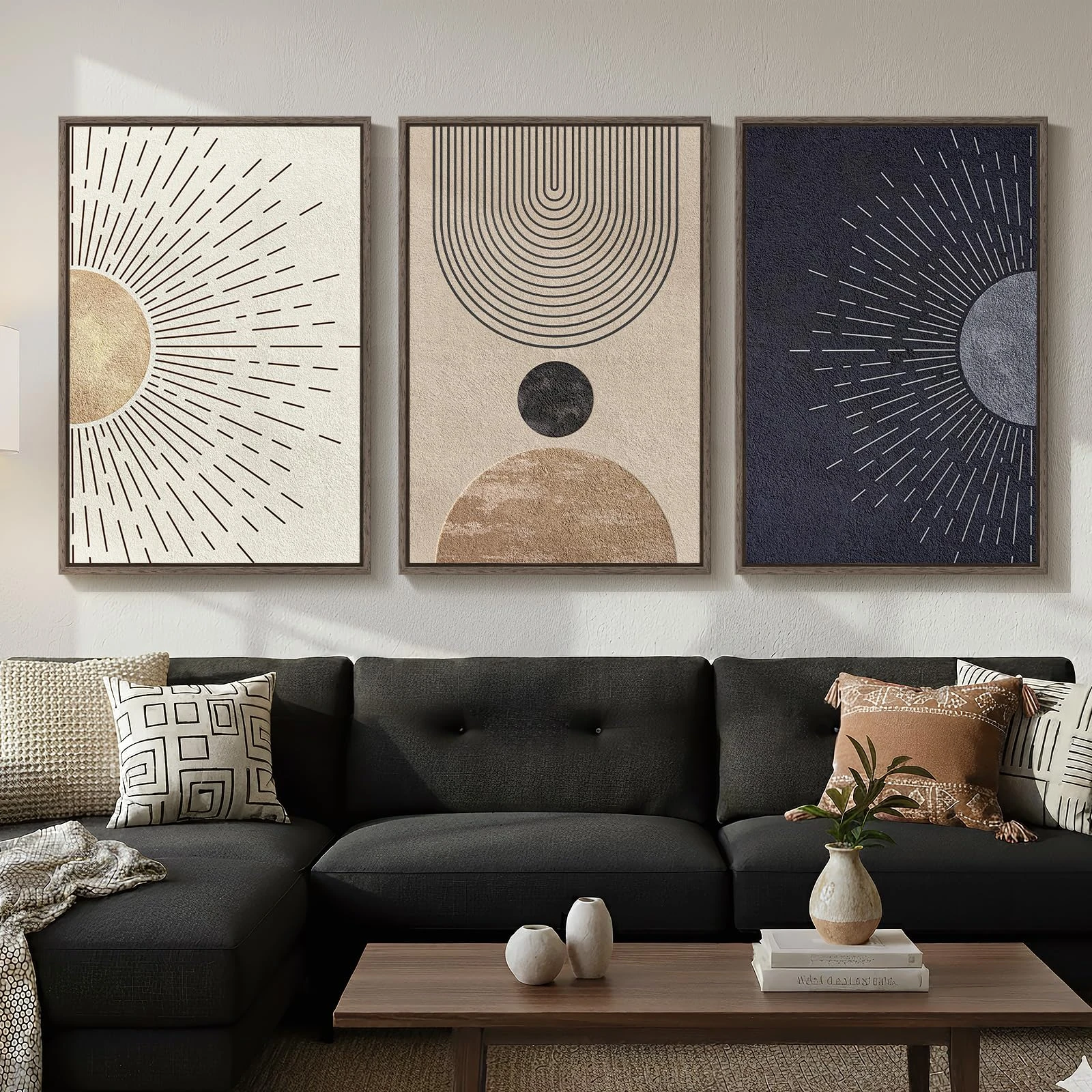 Framed Large Boho Neutral Abstract Wall Art for Living Room, Black Beige Sun and Moon Paintings Prints for Hallway Office, Set of 3 Piece Modern Minimalist Canvas Artwork Pictures 24x36 Inch