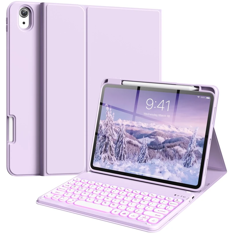 ZOYU for iPad A16 11th Generation Case 11 inch 2025, iPad 10th Generation 2022 with Keyboard 10.9 Inch - 7 Colors Backlit Wireless Detachable Folio Keyboard with Pencil Holder - Purple
