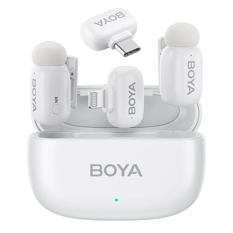 BOYA mini Microphone Wireless for iPhone, Andriod, 5g Ultralight, Wireless Lavalier Microphone, AI Voice Changer, AI Noise Reduction, Lapel Phone Mic, 30h Use, Clip on Mic with USB-C/Lightning, White