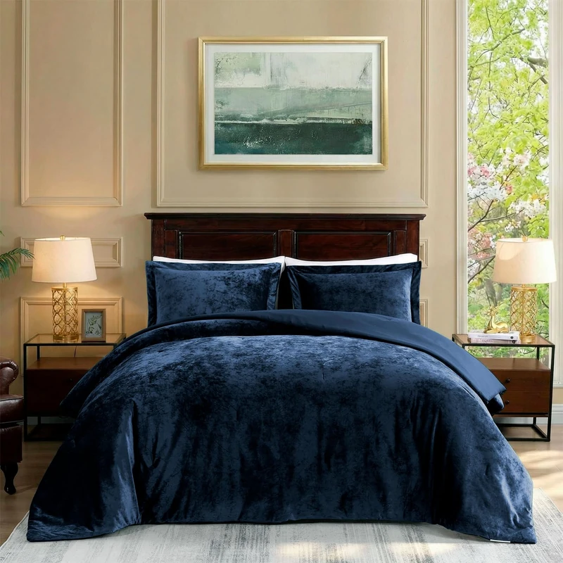 TAMGHO Velvet Comforter King, Luxuriously Soft King Size Comforter Set, Lightweight Bed Set for All Seasons, Oversized Comforter (108"x96") with 2 Matching Shams (20"x36"), Navy Blue