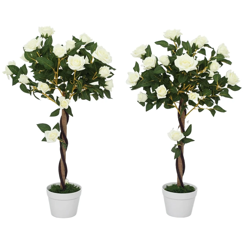 Outsunny 90cm Artificial Rose Tree with Twisted Trunk, Decorative Fake Plant with 350 Silk Leaves and 21 Flowers, UV-Resistant Faux Tree for Outdoor Indoor Garden Porch Decor, Set of 2, White
