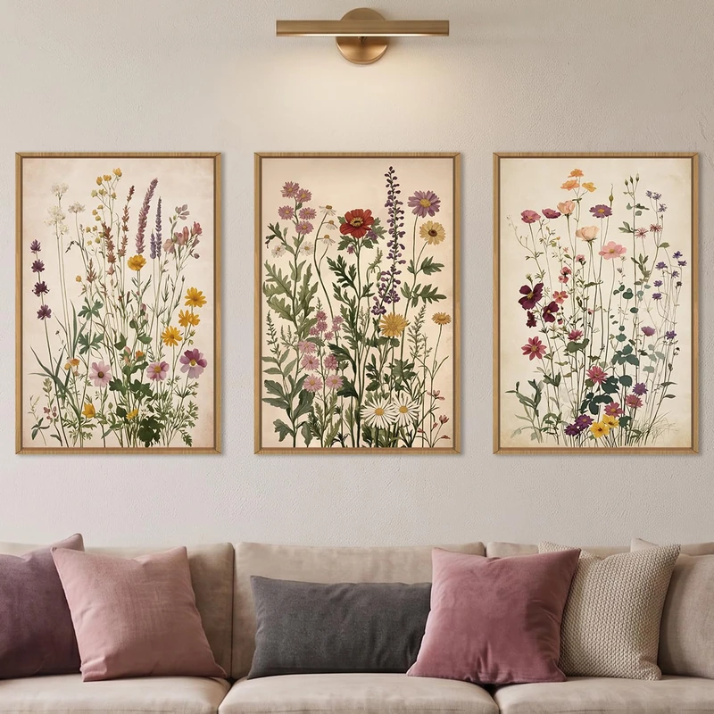 Ausril Vintage Wildflower Watercolor Framed Canvas Wall Art Set -16"x24"x3