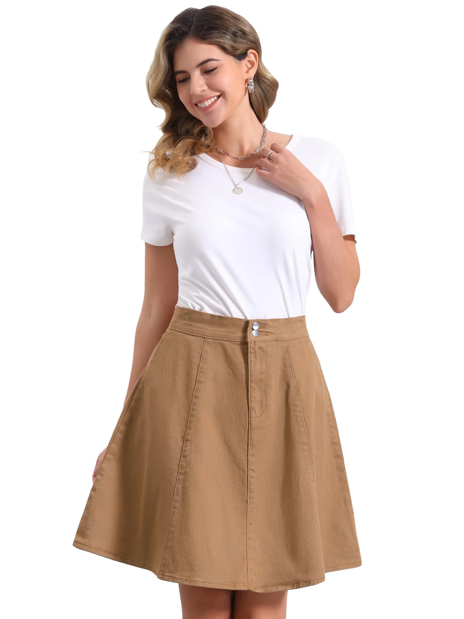 Allegra K Women's High Waisted A-Line Flared Casual Denim Skirt Brown XL