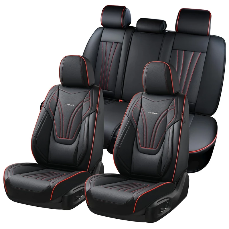 Coverado Car Seat Covers Full Set, 5 Piece Car Seat Protector with Lumbar Support & Removable Headrest, Breathable Leather Front Rear Seat Cushion Universal Fit for Truck Automotive Black & Red