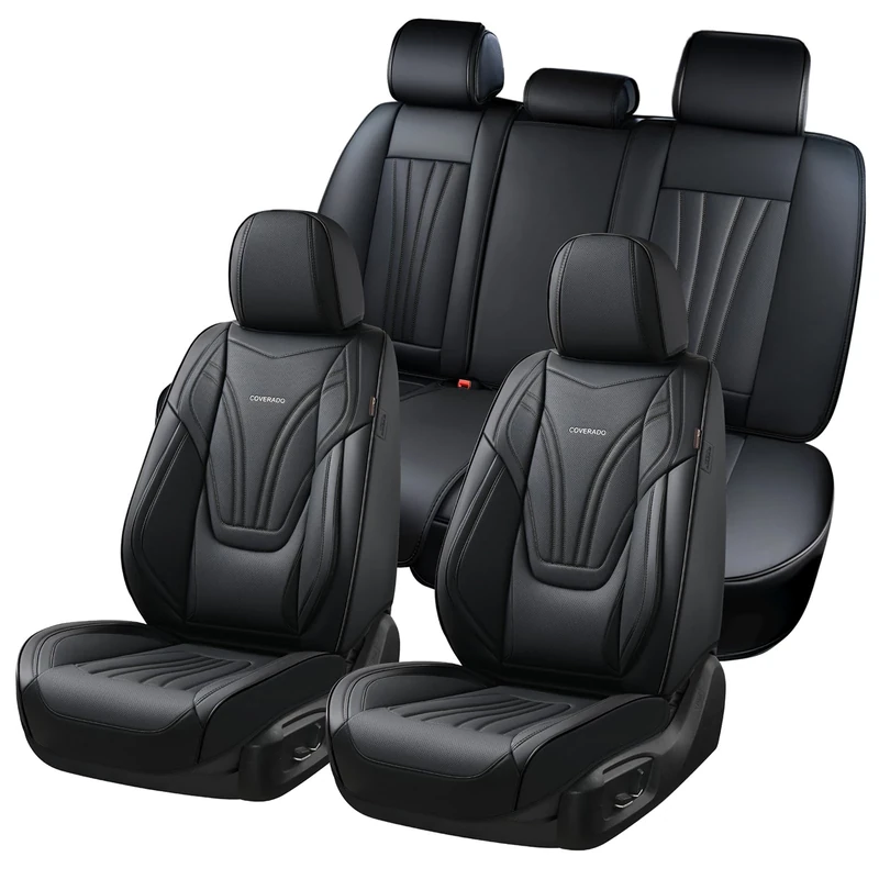 Coverado Car Seat Covers Full Set, 5 Piece Car Seat Protector with Lumbar Support & Removable Headrest, Breathable Leather Front Rear Seat Cushion Universal Fit for Truck Automotive Black