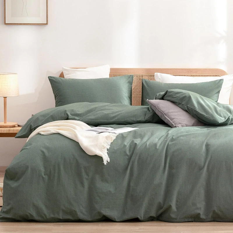 BESTOUCH Cotton Solid Duvet Cover Set Linen Feel Green Super King Plus