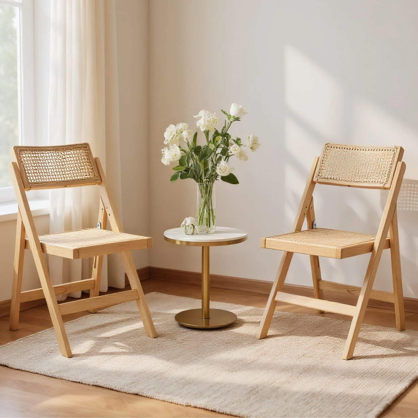 chairus Folding Dining Chairs Rattan Set of 2 Mid Century Kitchen Chairs Armless Side Chair with Wooden Frame (Yellow-2)