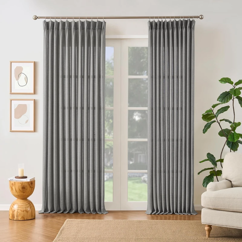 RAIN CITY Grey Linen Pinch Pleated Semi Sheer Curtains 2 Panels 70x96