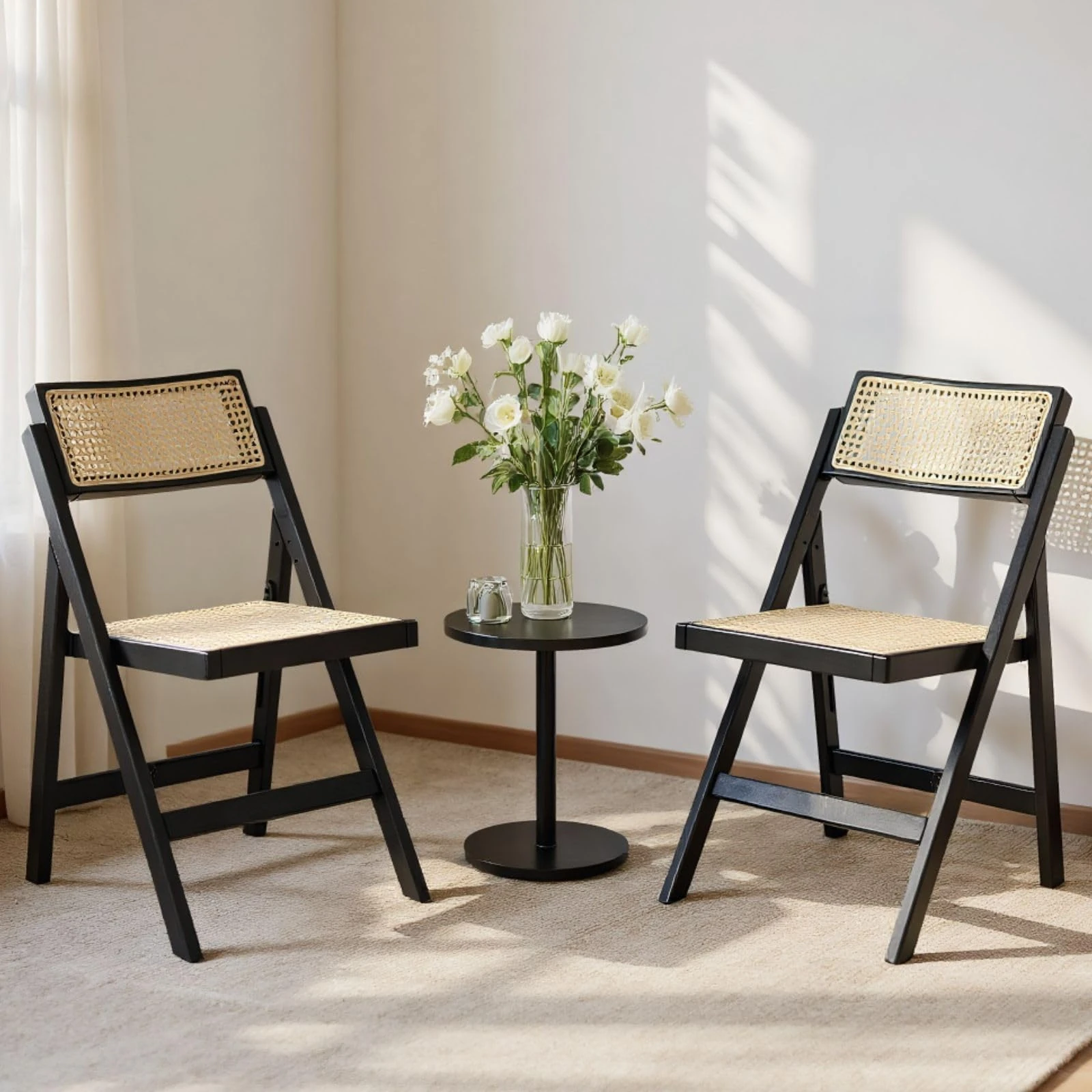 chairus Folding Dining Chairs Rattan Set of 2 Mid Century Kitchen Chairs Armless Side Chair with Wooden Frame (Black-2)