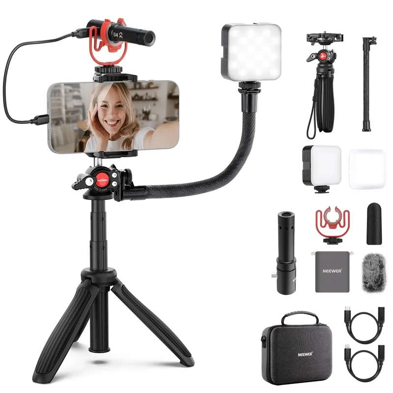 NEEWER Phone Vlogging Kit, Content Creator Essentials Kit for YouTube with LED Light, Selfie Stick Travel Tripod, Flexible Soft Tube, USB C Cardioid Microphone for iPhone, Android, Podcast, PA045