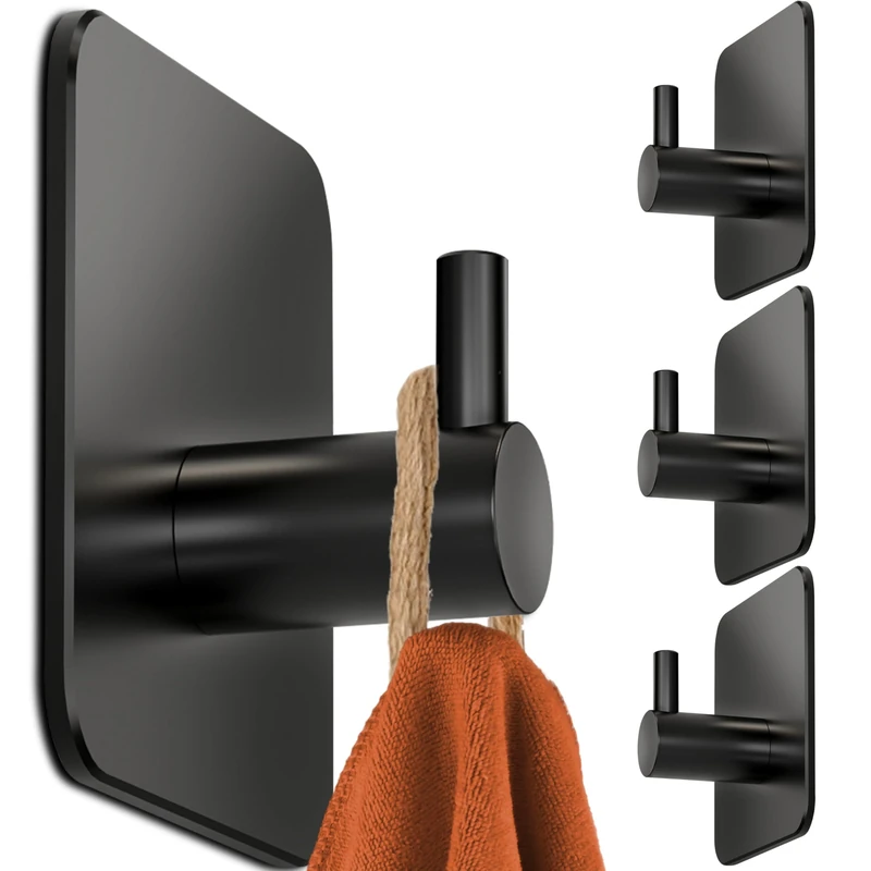 4smile Towel Rail No Drilling Set of 4 Black Hooks Self-Adhesive with 3M Pads Rustproof Adhesive Hooks Extra Strong as Towel Holder for Kitchen and Bathroom