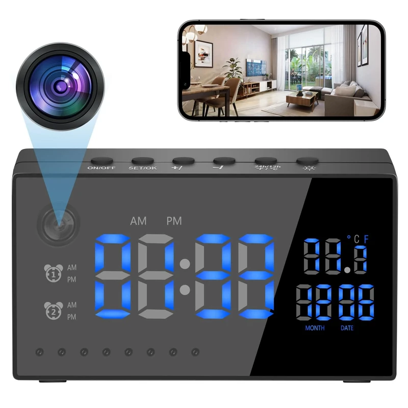 sakalaka WiFi Camera Digital Alarm Clock HD 1080P Mini Camera with Night Vision, Motion Detection, Loop Recording & APP Remote View Home Office Security Nanny Cam with Temperature Display