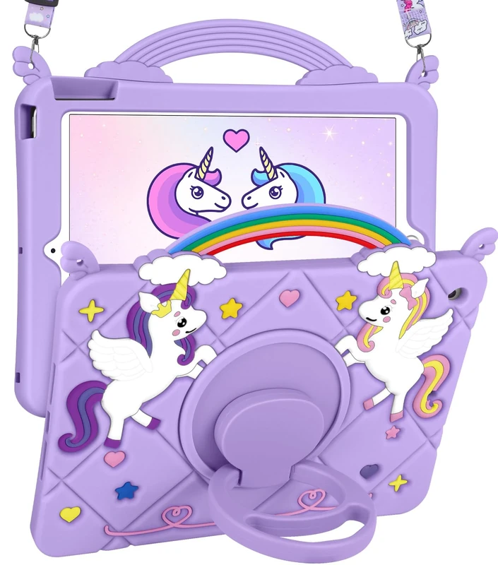 SurgeCraft for iPad 9th/8th/7th Generation 10.2" Case - Kawaii Cute for iPad 9th/8th/7th Gen Cover Soft Silicone Purple Unicorn 3D Cartoon Funda Para iPad 9/8/7 with Strap & Rotating Stand for Girls