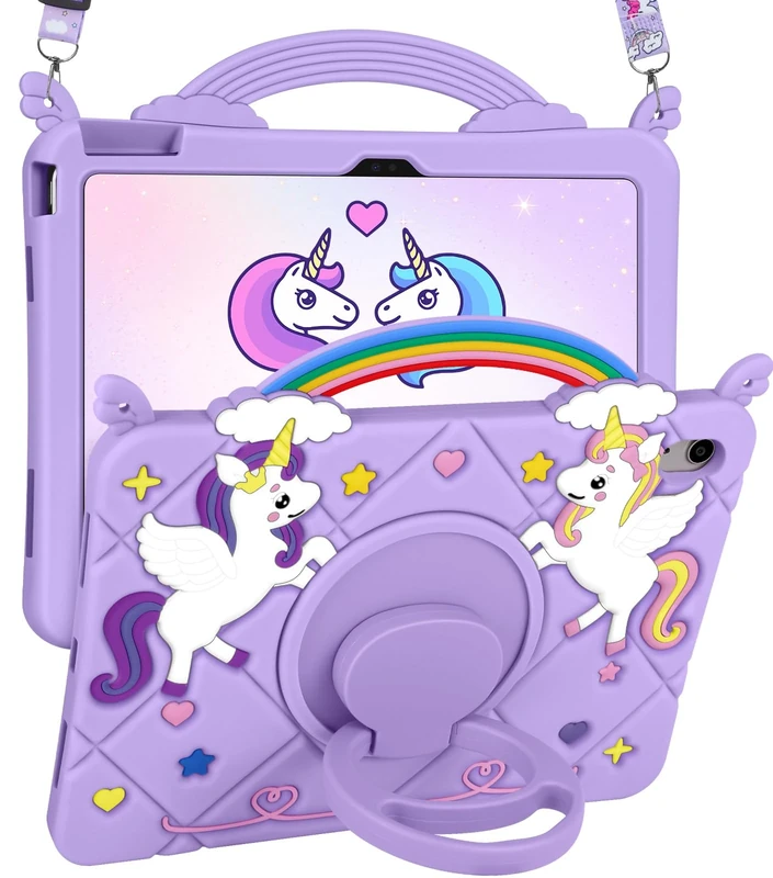 SurgeCraft for iPad A16 Case/10th Generation Case - Girls Girly Teens Cute Cartoon 3D Purple Unicorn Soft Silicone 10.9" 2022 Tablet Cover with Strap & Rotating Handle Stand for iPad 11th 11" 2025