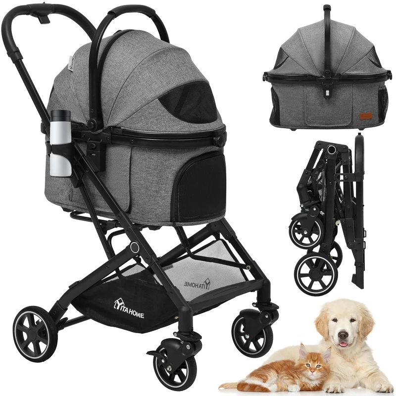 YITAHOME Dog Pram, Pet Stroller, Foldable Dog Pushchair for Medium Dog 15kg, Dog Buggy with Detachable Carrier Storage Basket, Cup Holder, Pet Carrier on 4 Wheels (Grey)