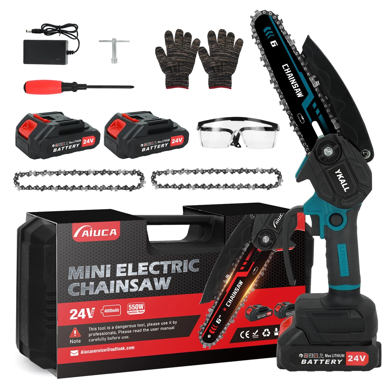 Mini Chainsaw 24V with 8000mAh Battery, 6-Inch Cordless Chainsaw with 2 Powerful Batteries & 2 Chains – Safety Lock & High-Power Motor for Efficient Woodworking, Tree Pruning & Garden Maintenance