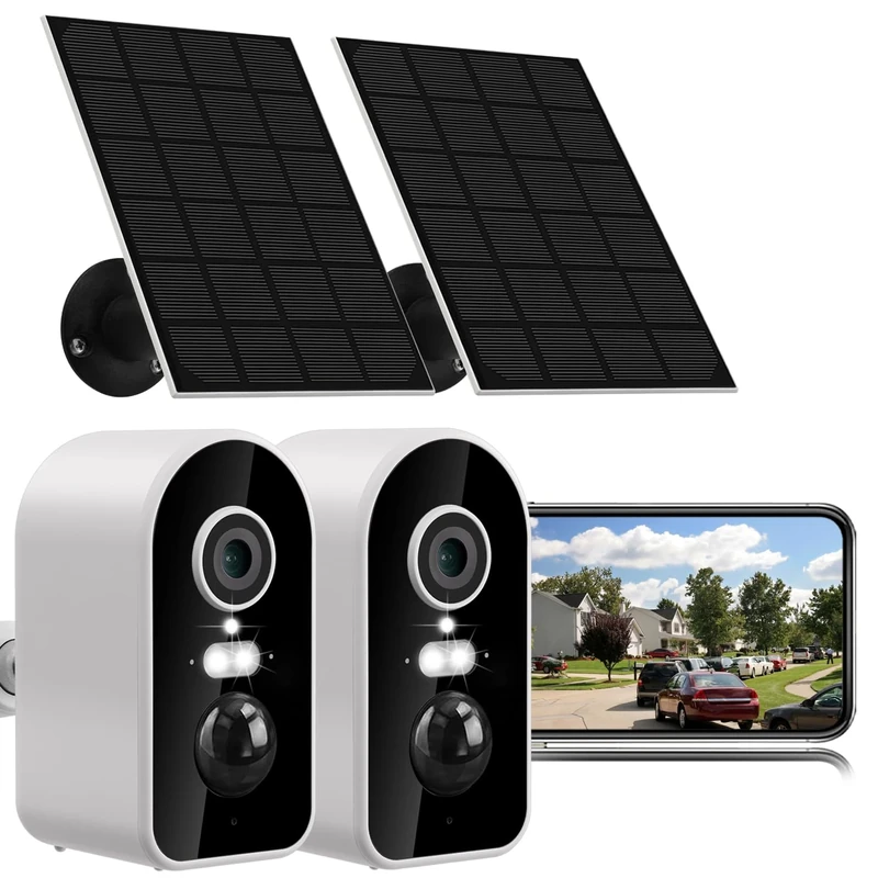 SonoxJunan Solar Wireless Battery Camera Outdoor, 2K WiFi Security Camera, Human/Motion Detection, Two-way Audio, IP66 Waterproof, HD Night Vision, SD Card/Cloud Storage (2 Pack)