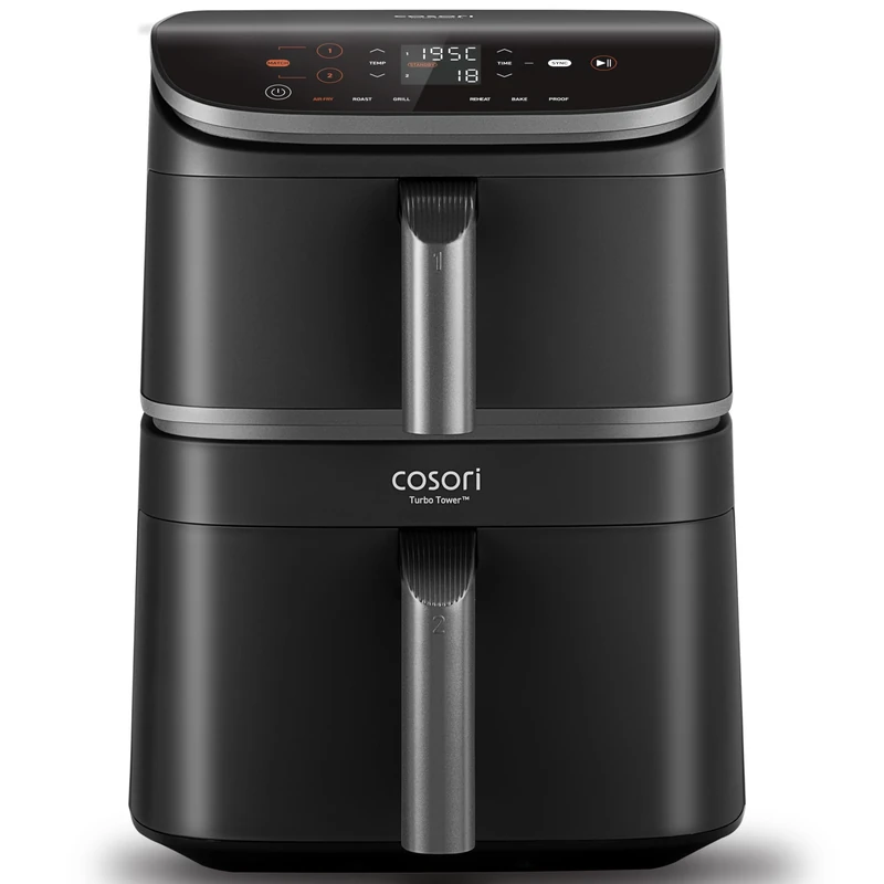 COSORI TurboTower Dual Air Fryer 10.8L, Space-Saving Double Stack Airfryer, Turbo Blaze Tech for Faster & Even Crisp Results, 3-Layer Cooking to Prepare Full Meals at Once, Energy Efficient