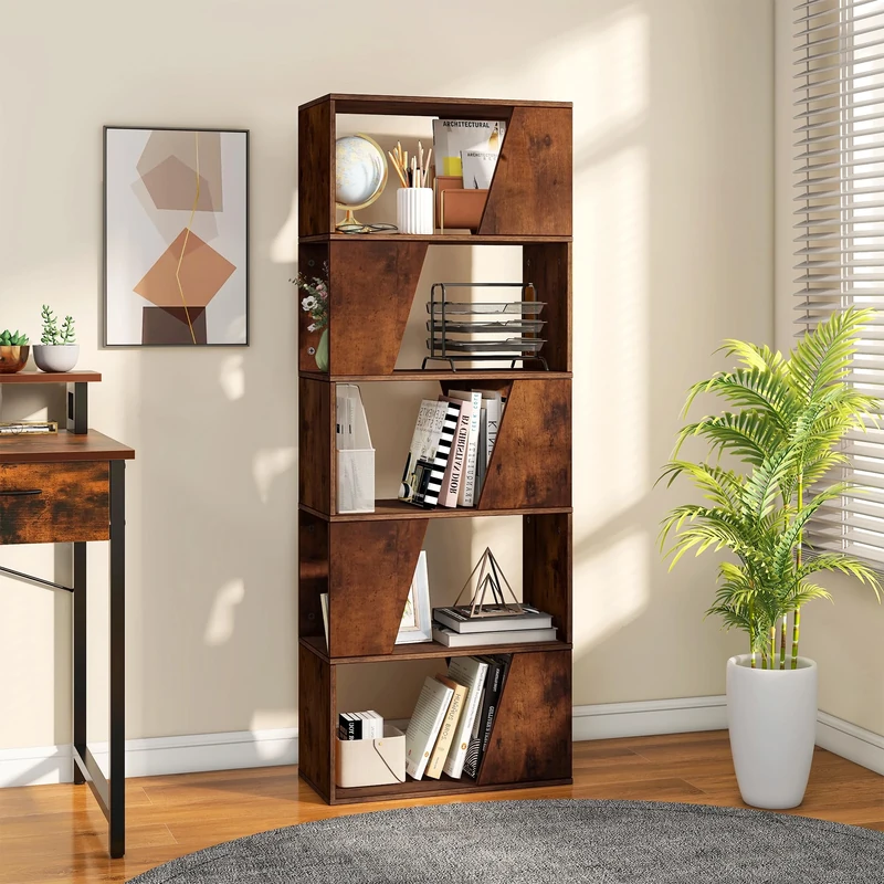 YITAHOME Bookcase, 5-Tier Bookshelf Display Cabinets, Wooden Cube Storage Unit, 30 x 60 x 164.5 cm, Freestanding book case for Living Room, Home Office, Dinning Room, Rustic Brown