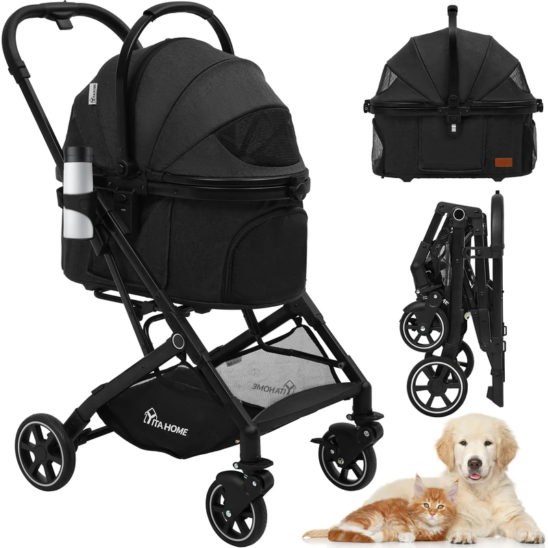 YITAHOME Dog Pram, Pet Stroller, Foldable Dog Pushchair for Medium Dog 15kg, Dog Buggy with Detachable Carrier Storage Basket, Cup Holder, Pet Carrier on 4 Wheels (Black)