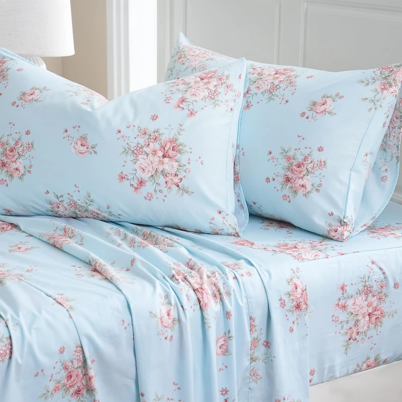 Zusbest Blue Floral Sheets Set California King Size 100% Cotton Delicate Pink Flower Pattern, Soft and Elegant for Shabby-Chic/Pastoral Bedroom Decor Luxury Deep Pocket Fitted Sheet 17.5'', 4 Pcs