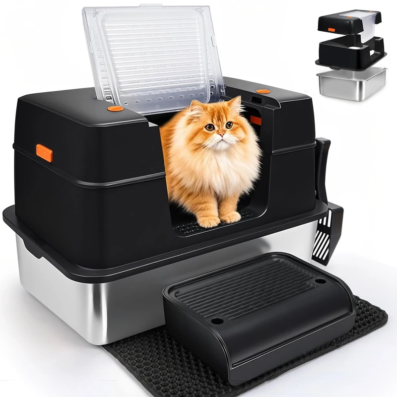 XL Enclosed Stainless Steel Litter Box, Odour-Resistant, Easy to Clean, Stainless Steel Cat Litter Tray with Lid, with Scoop, Step and Mat - Black
