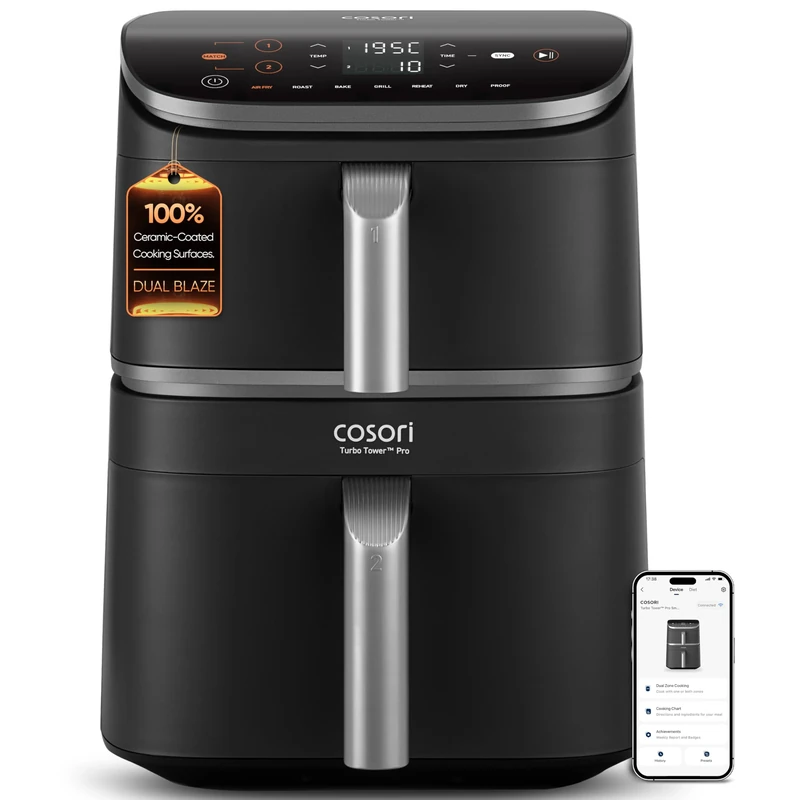 COSORI Turbo Tower Pro Dual Air Fryer, 10.8L Ceramic Coating, Stacked Space-Saving Design, DualBlaze Even Heat Tech, Rapid Heat System for Faster, Crispier Cooking, Smart Control, Energy Efficient