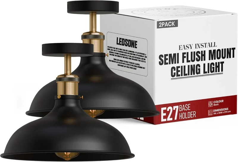 LEDSone 2 Pcs Vintage Industrial Ceiling Lights 36CM Semi Flush Mount Lighting Fixtures Black Modern Large Ceiling Light Semi Flush Ceiling Lights for Kitchen Hallway Dining Room Living Room With Bulb