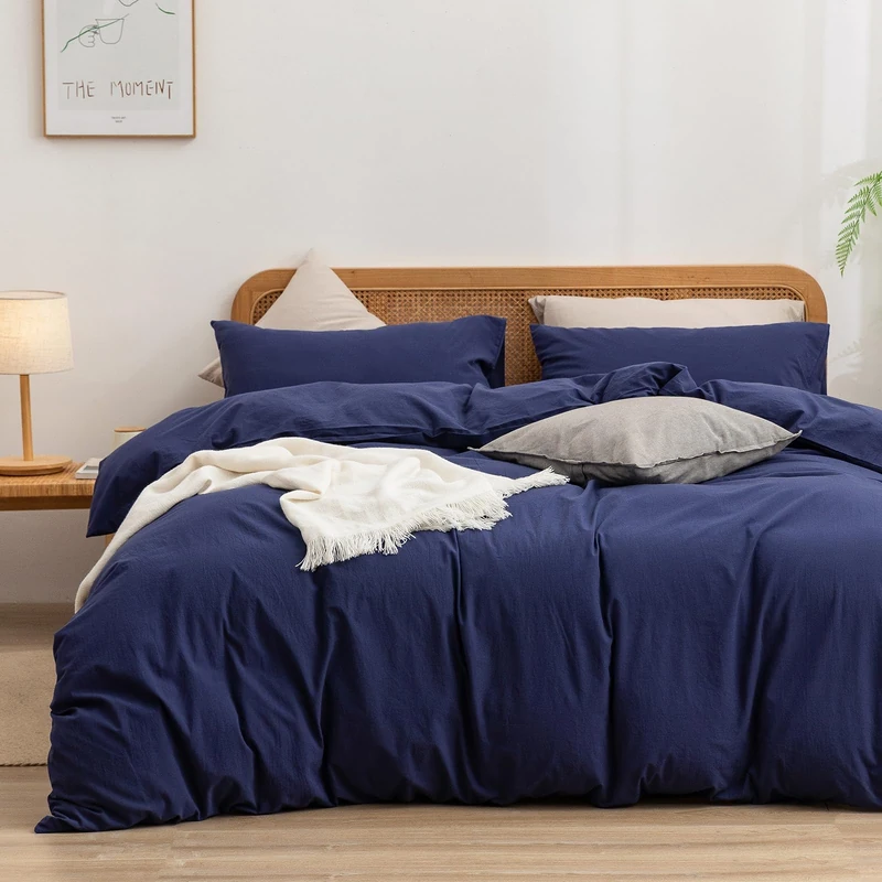 BESTOUCH Cotton Solid Duvet Cover Set Linen Feel Navy Blue Super Queen