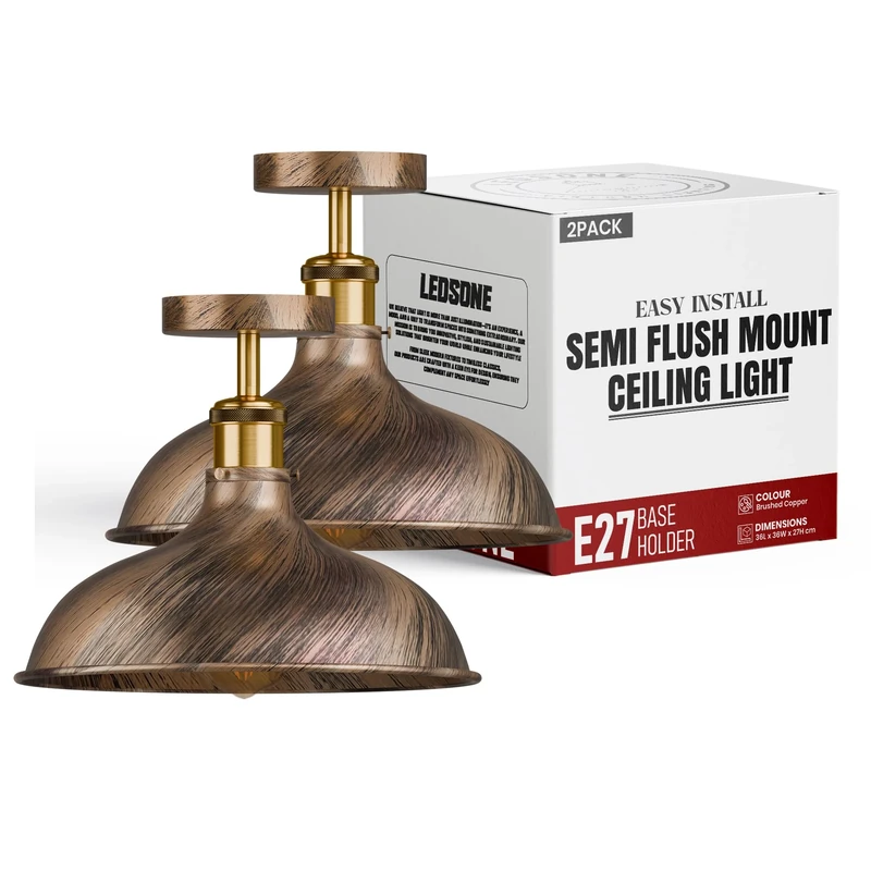 Industrial 2 Pack Kitchen Ceiling Lighting E27 Base Metal 36cm Brushed Copper Shade Lampshade Semi Flush Mount Ceiling Light Kitchen, Living Room, Bedroom, Hallway Easy to Fit Anti Rust Durable Metal