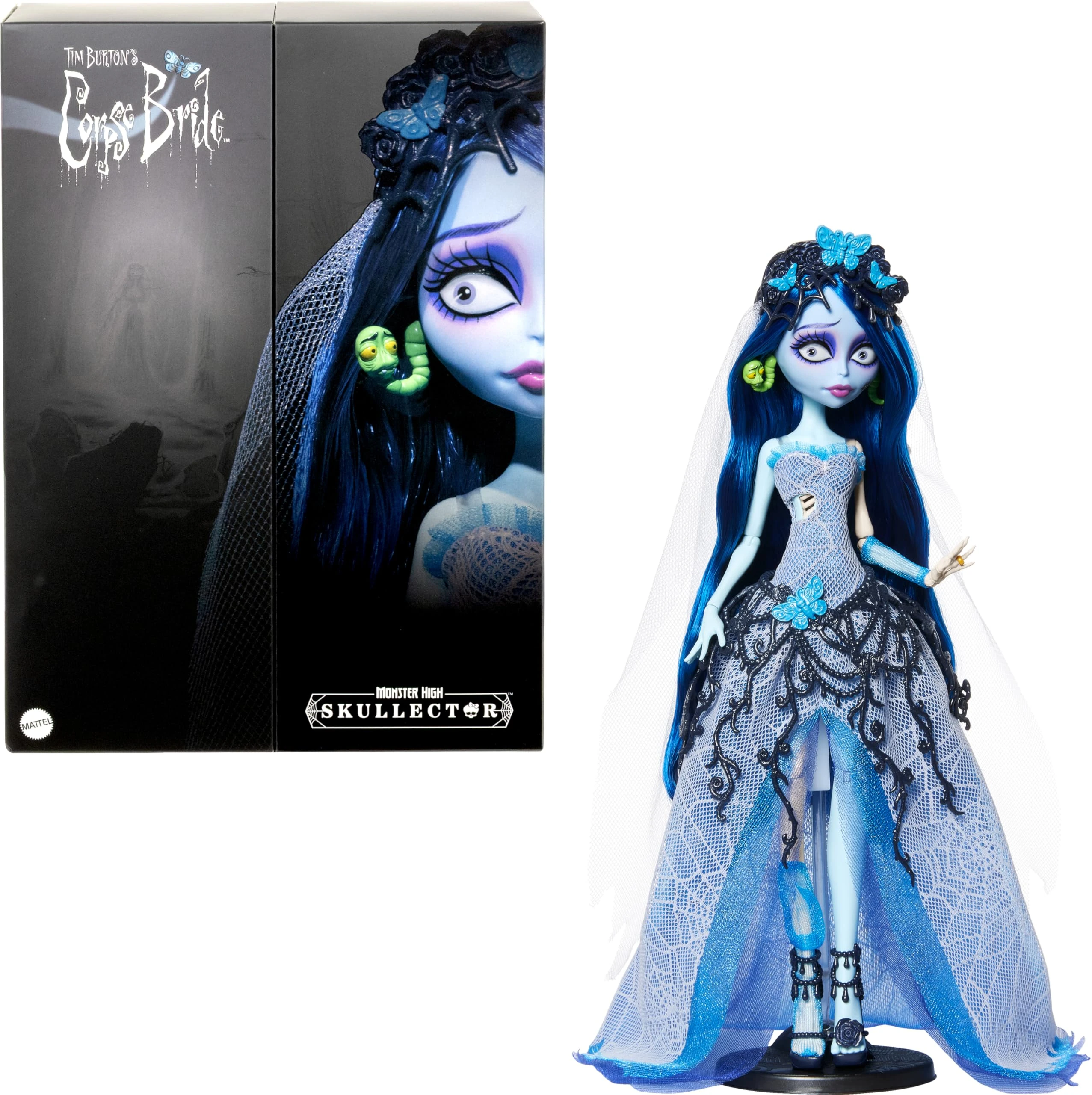 Monster High Skullector Doll, Corpse Bride Emily Collectible in Gothic Spiderweb Wedding Dress with Accessories like Gauze Veil and Doll Stand, JDR67