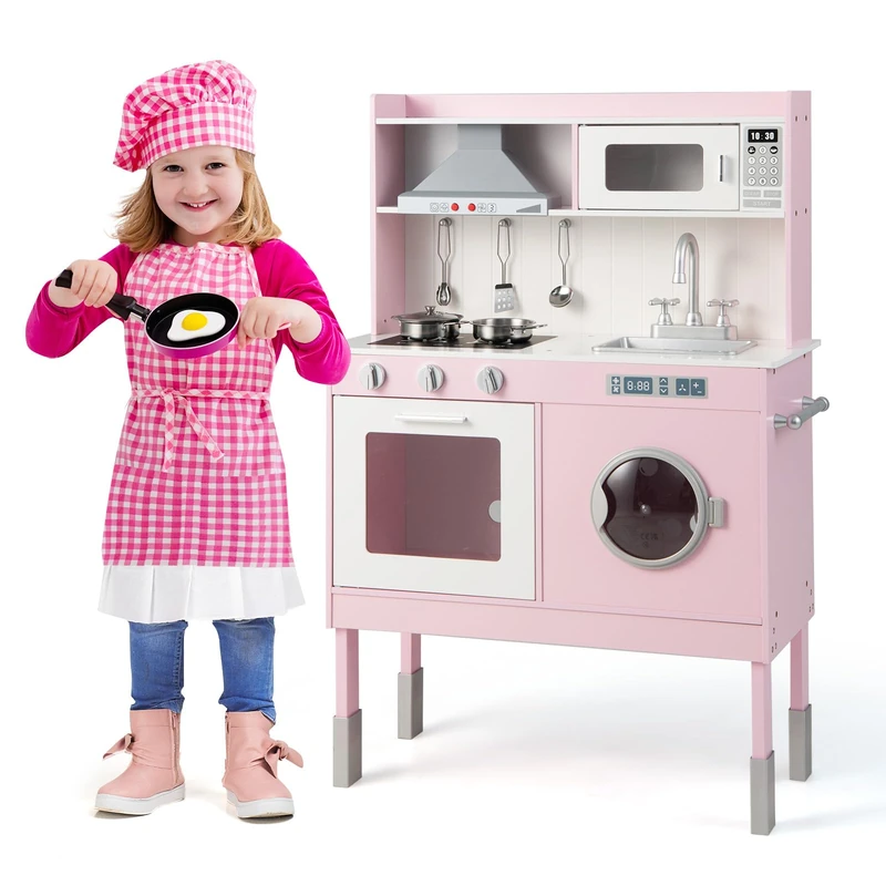 FANTASK Children's Kitchen with Play Accessories, Wooden Play Kitchen Including Cooker Hood & Washing Machine & Real Sounds & Lights, Cooking Playset for Children from 3 Years, Pink (71 x 29 x 101 cm) - Image 1