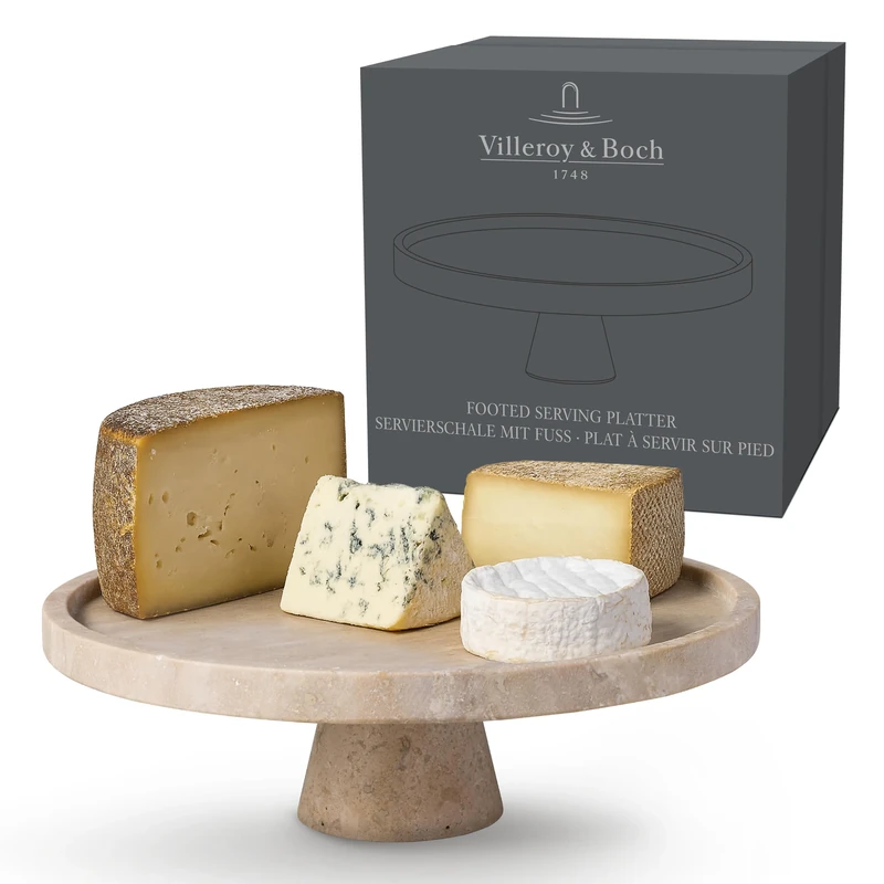 Villeroy & Boch - Manufacture Travertine Footed Serving Platter Beige, Hand-Crafted, Elegant Design Made from Natural Stone in Sand, Bowl, Table Decor Stone, Decoration, Crockery, Travertine