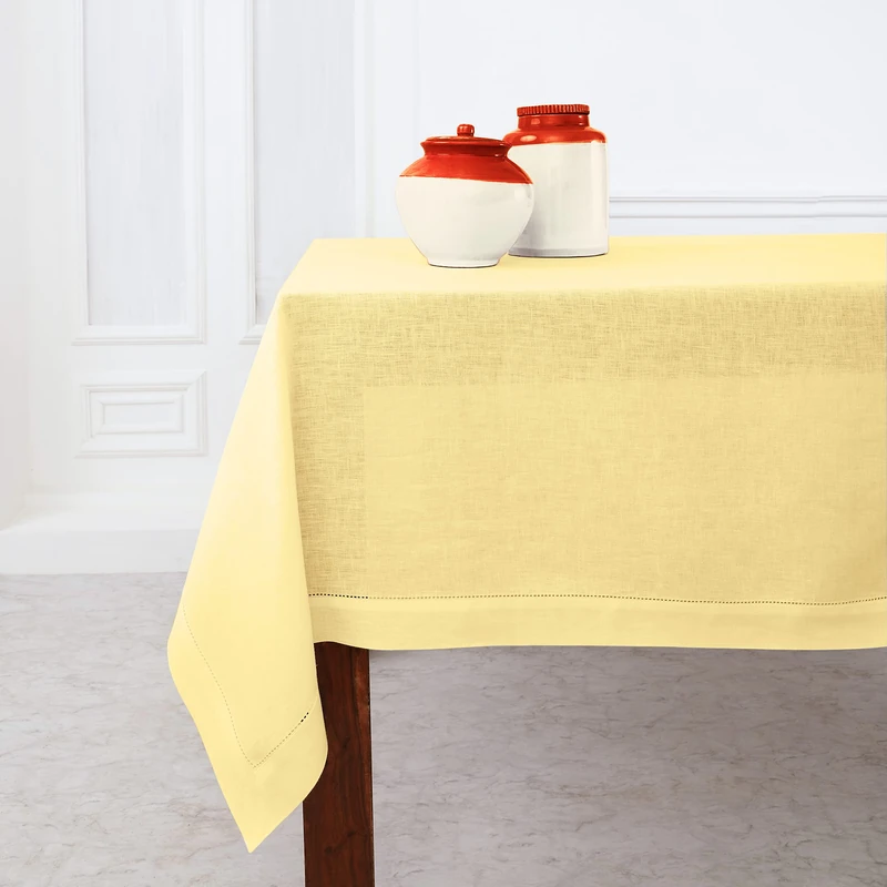 Solino Home 100% Linen Tablecloth Yellow, Classic Hemstitch 60 x 132 in