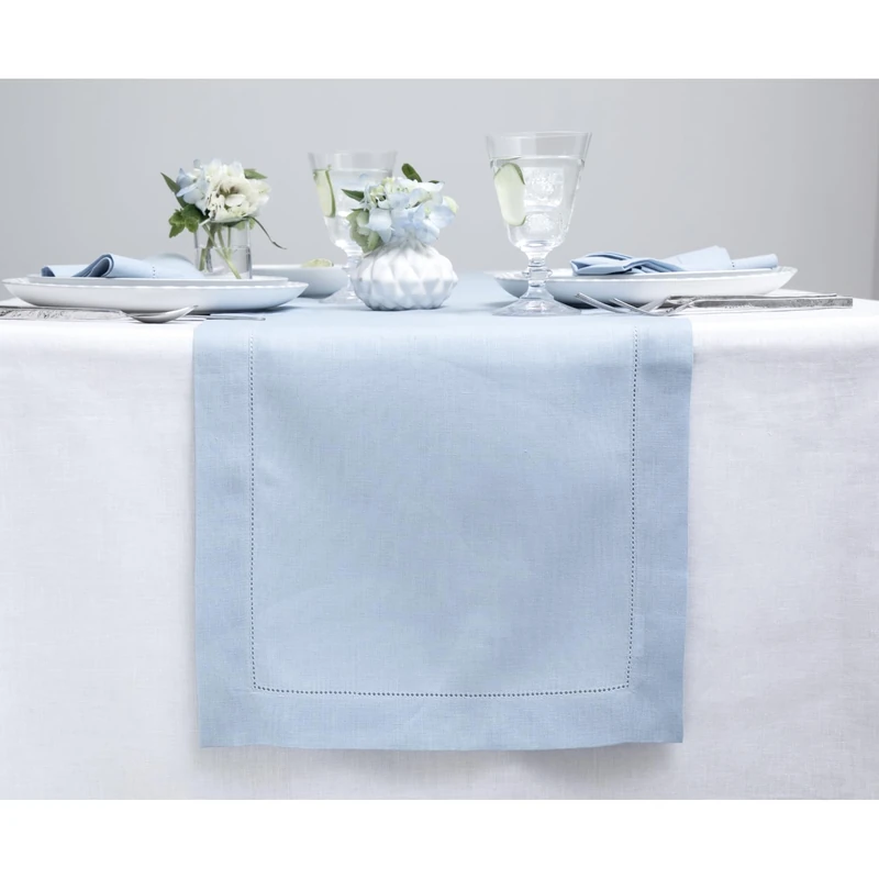 Solino Home Linen Sky Blue Table Runner 156 Inches Long - 100% Pure Linen Extra Long Table Runner 14 x 156 Inch for Summer - Classic Hemstitch