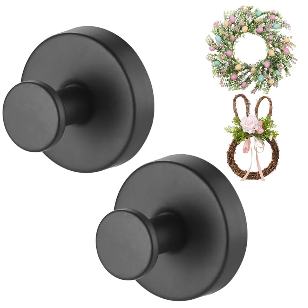 Black Wreath Door Hanger, Heavy Duty Wreath Suction Cup Hooks for Fall Halloween Christmas Decorations, 2 Pack Strong Reusable Wreath Hangers Welcome Sign Front Door Window Glass Indoor Outdoor